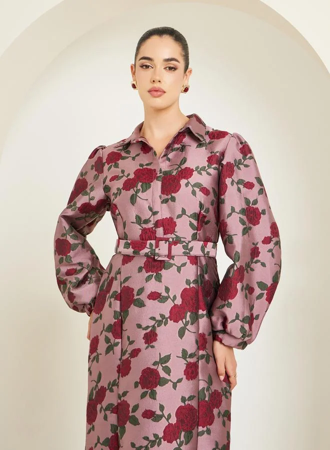 Styli Women Pink Floral Long Sleeves A-Line Maxi Dress